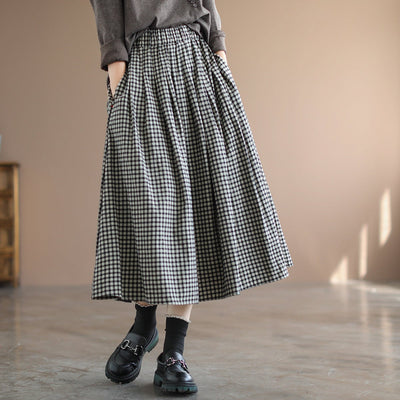 Spring A-Line Cotton Linen Retro Plaid Skirt Jan 2022 New Arrival L Black 