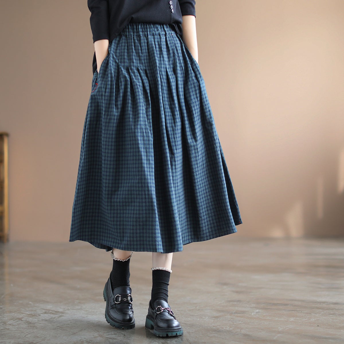 Spring A-Line Cotton Linen Retro Plaid Skirt