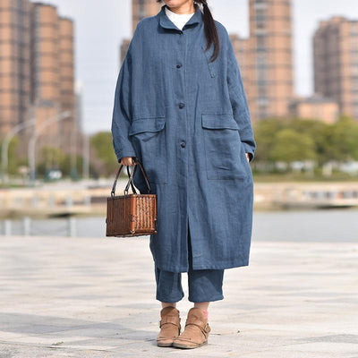Spring And Autumn Cotton Linen Thick Pocket Coat 2019 April New Blue 