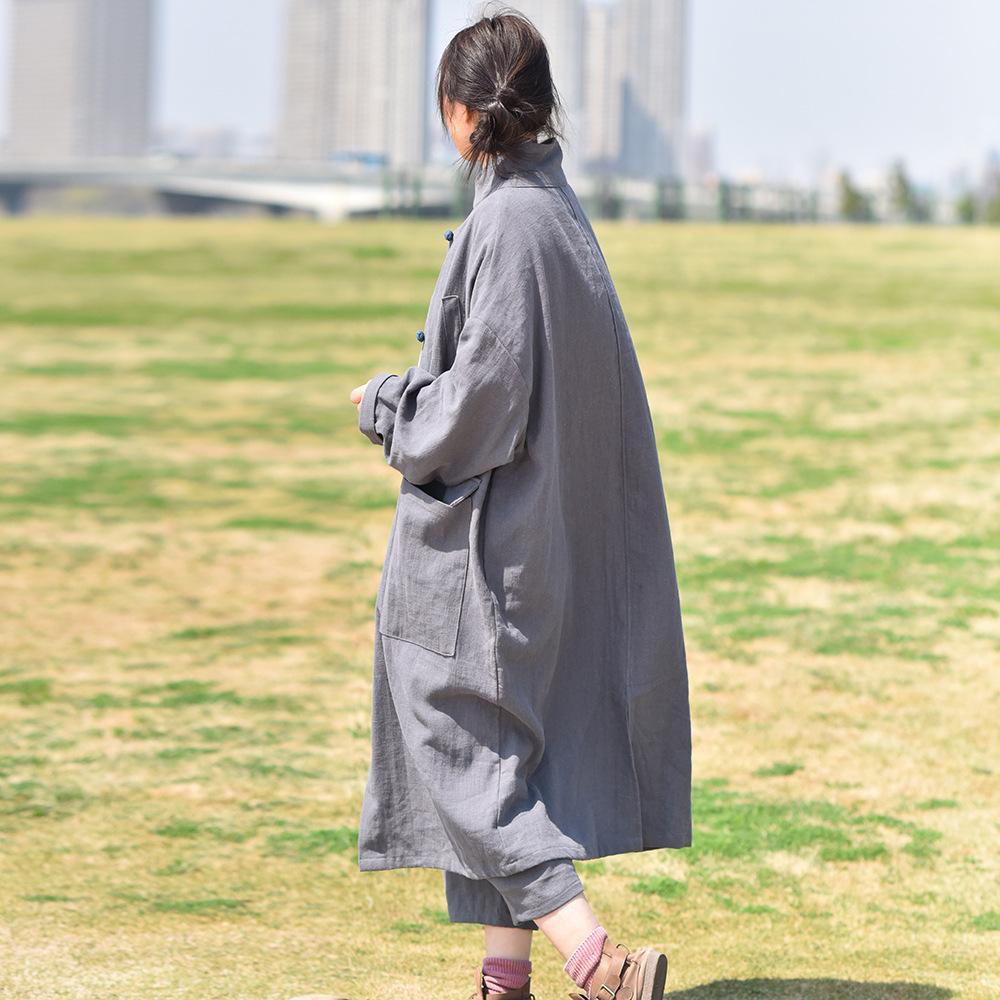 Spring And Autumn Cotton Linen Thick Pocket Coat 2019 April New Gray 