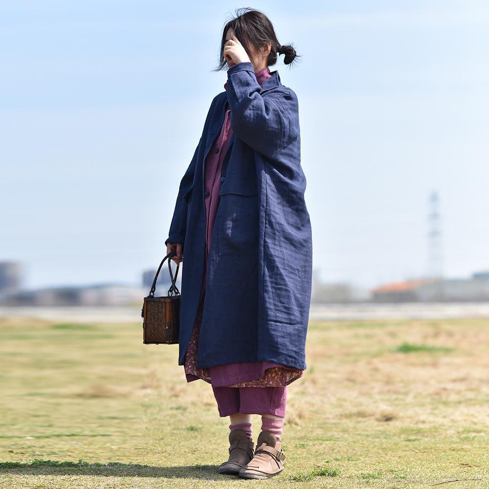 Spring And Autumn Cotton Linen Thick Pocket Coat 2019 April New Navy 