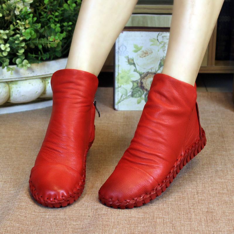 Spring Autumn Leather Wild Size Women's Casual Boots 35-41 2019 May New 35 Red Plush 
