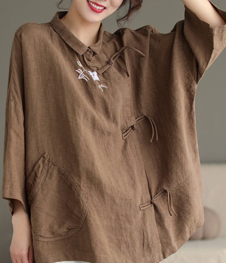 Spring Autumn Retro Embroidery Linen Loose Blouse Apr 2023 New Arrival 