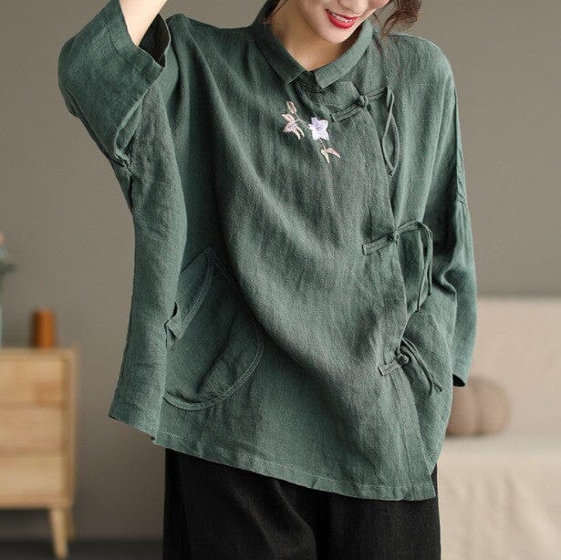 Spring Autumn Retro Embroidery Linen Loose Blouse Apr 2023 New Arrival 