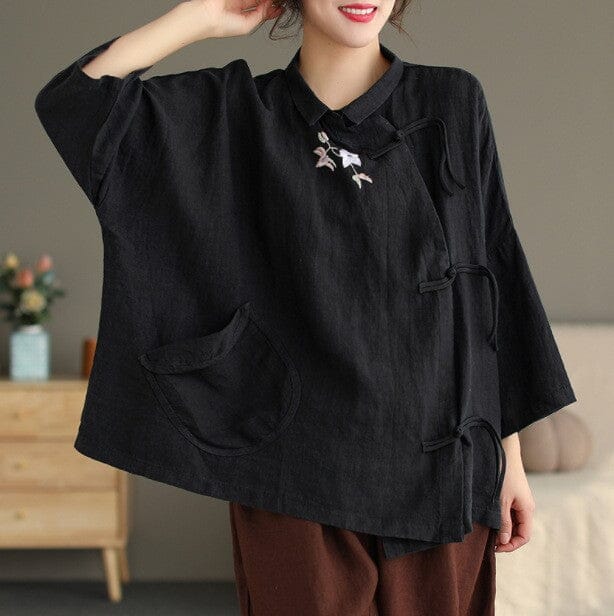 Spring Autumn Retro Embroidery Linen Loose Blouse Apr 2023 New Arrival Black One Size 