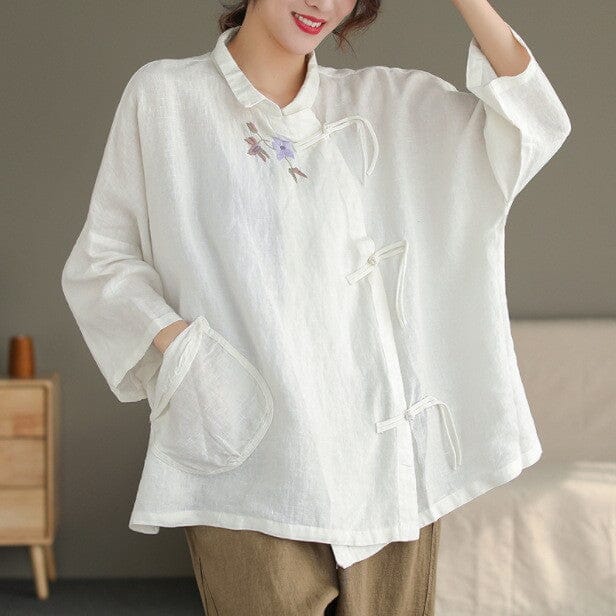 Spring Autumn Retro Embroidery Linen Loose Blouse Apr 2023 New Arrival White One Size 