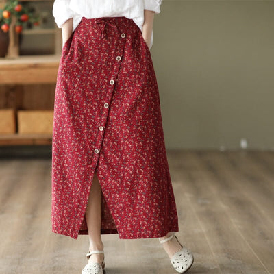 Spring Autumn Retro Floral Split Cotton Skirt