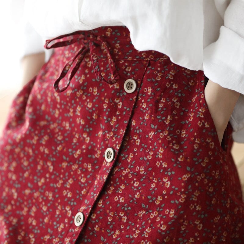 Spring Autumn Retro Floral Split Cotton Skirt