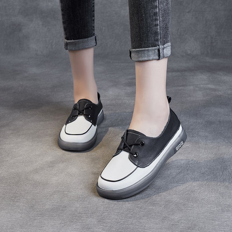 Spring Autumn Retro Leather Color Matching Flat Casual Shoes Dec 2021 New Arrival 35 Black 