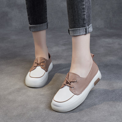 Spring Autumn Retro Leather Color Matching Flat Casual Shoes Dec 2021 New Arrival 35 Khaki 