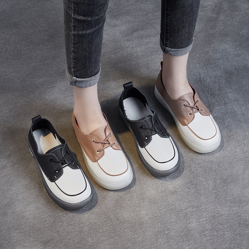 Spring Autumn Retro Leather Color Matching Flat Casual Shoes