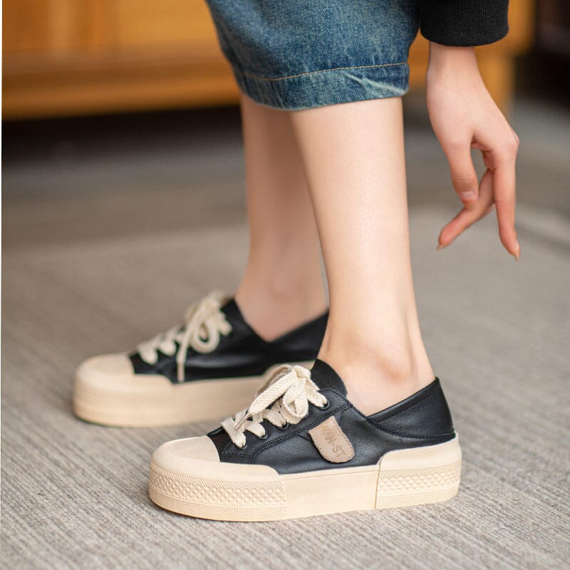 Spring Autumn Retro Leather Flat Casual Shoes Jul 2023 New Arrival Black 35 
