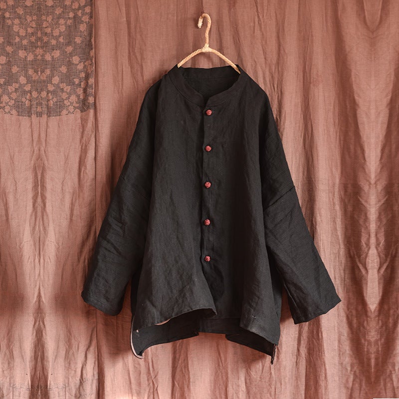 Spring Autumn Retro Long Sleeve Linen Loose Blouse Jan 2022 New Arrival One Size Black 