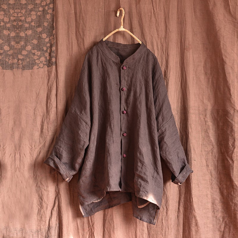 Spring Autumn Retro Long Sleeve Linen Loose Blouse Jan 2022 New Arrival One Size Coffee 