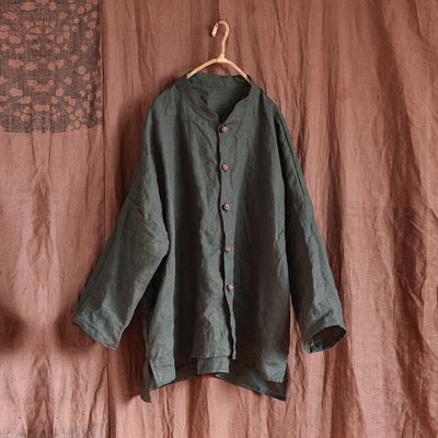 Spring Autumn Retro Long Sleeve Linen Loose Blouse Jan 2022 New Arrival One Size Green 