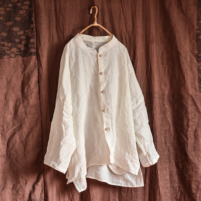 Spring Autumn Retro Long Sleeve Linen Loose Blouse Jan 2022 New Arrival One Size White 