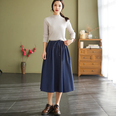 Spring Autumn Retro Solid Casual Loose A-Line Skirt