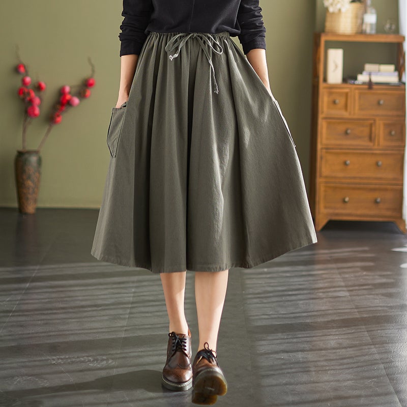 Spring Autumn Retro Solid Casual Loose A-Line Skirt