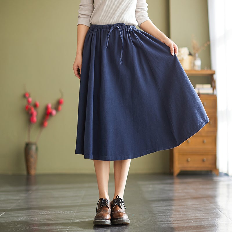 Spring Autumn Retro Solid Casual Loose A-Line Skirt Dec 2021 New Arrival M Dark Blue 