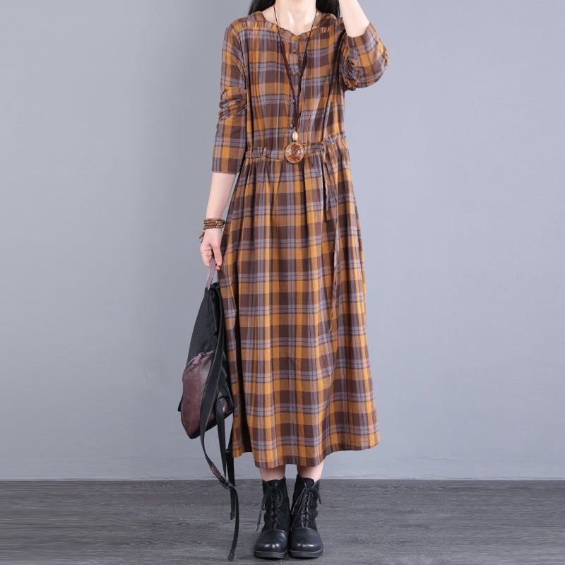 Spring Autumn Women Retro Loose Casual Plaid Dress Dec 2021 New Arrival One Size Coffee 