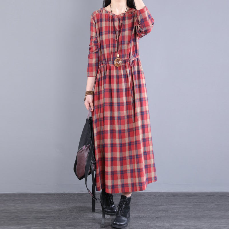 Spring Autumn Women Retro Loose Casual Plaid Dress Dec 2021 New Arrival One Size Red 