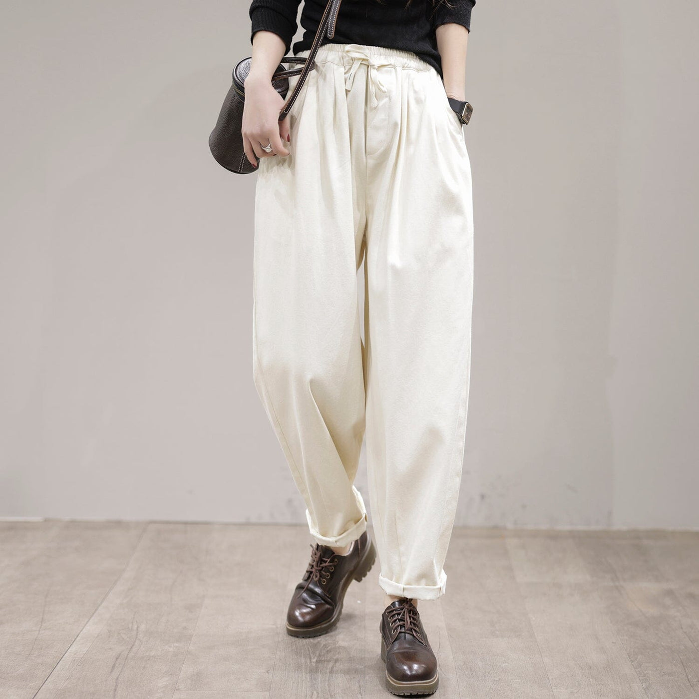 Spring Casual Loose Cotton Harem Pants Jan 2023 New Arrival One Size Beige 