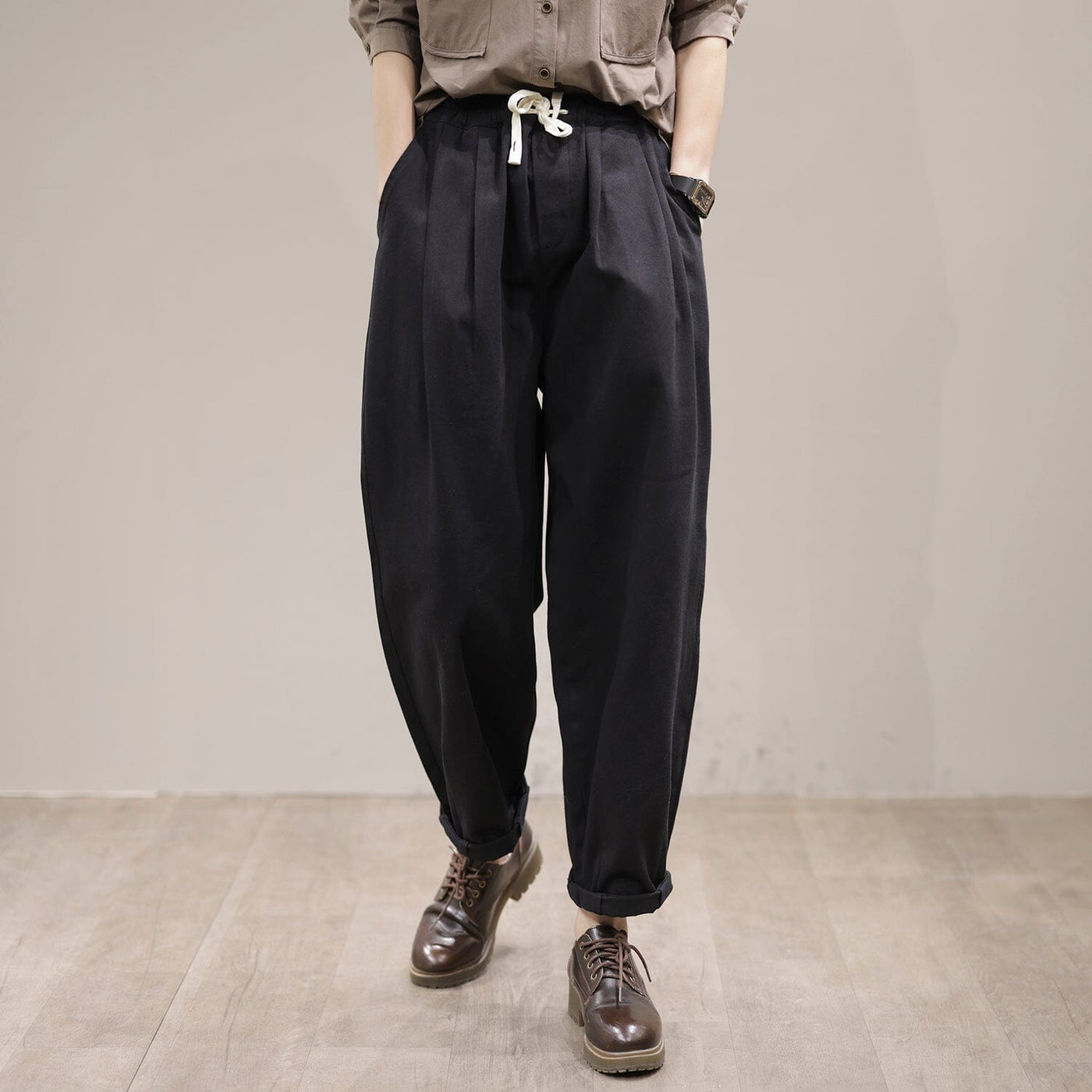 Spring Casual Loose Cotton Harem Pants Jan 2023 New Arrival One Size Black 
