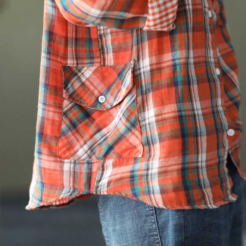 Spring Casual Loose Retro Long Sleeve Plaid Blouse Dec 2021 New Arrival 