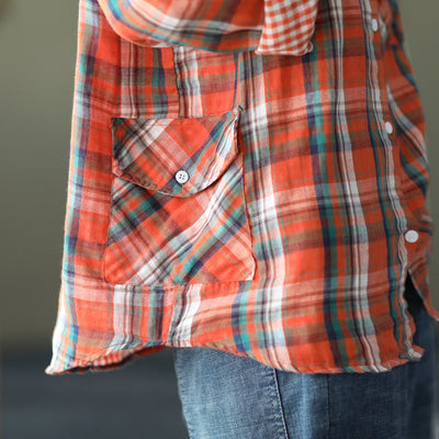 Spring Casual Loose Retro Long Sleeve Plaid Blouse