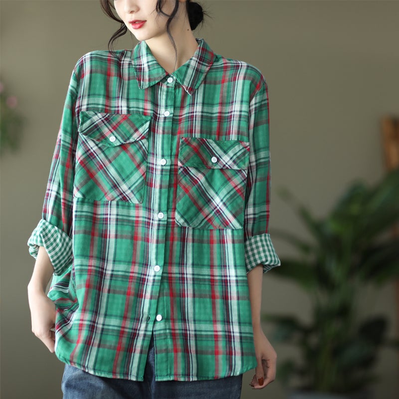 Spring Casual Loose Retro Long Sleeve Plaid Blouse Dec 2021 New Arrival One Size Green 