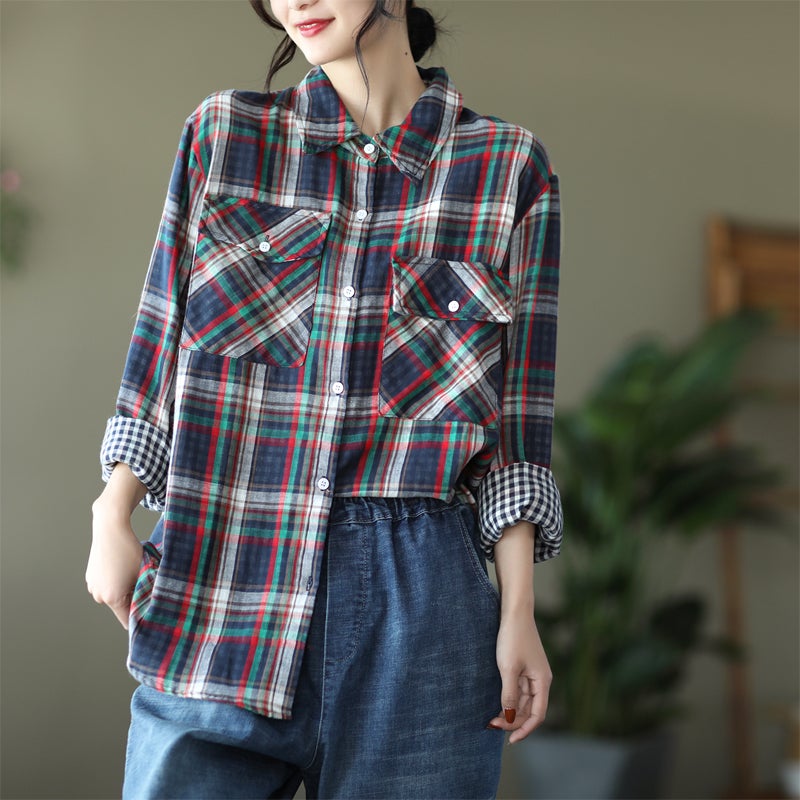 Spring Casual Loose Retro Long Sleeve Plaid Blouse Dec 2021 New Arrival One Size Navy 