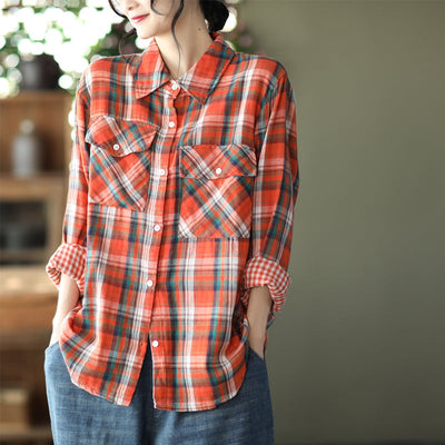 Spring Casual Loose Retro Long Sleeve Plaid Blouse Dec 2021 New Arrival One Size Orange 
