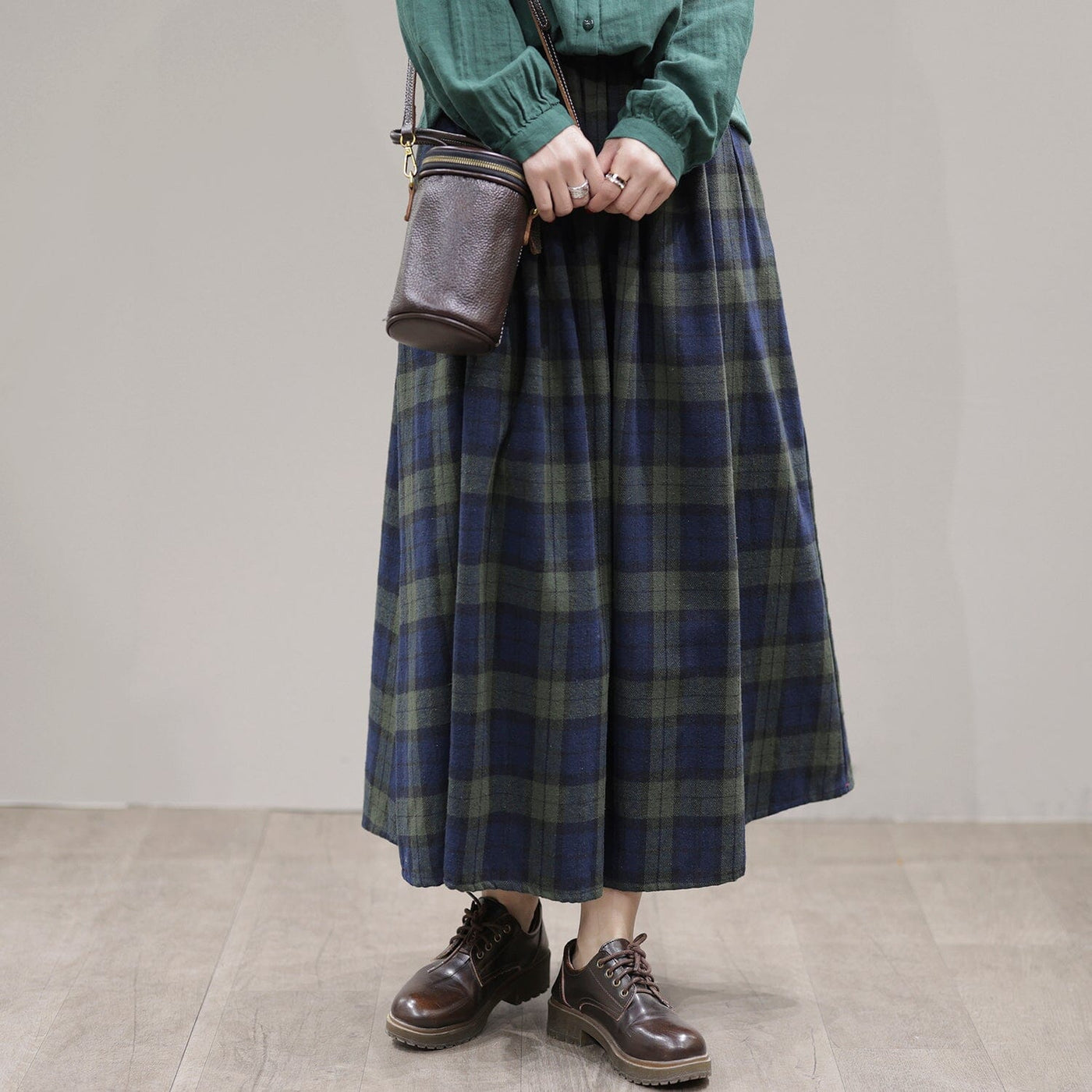 Spring Casual Plaid A-Line Cotton Skirt Jan 2023 New Arrival One Size Green 