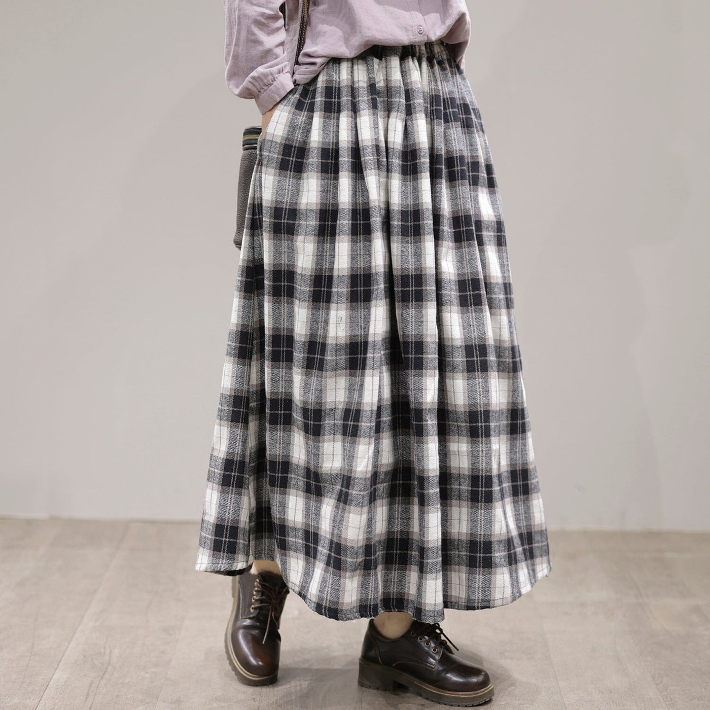 Spring Casual Plaid A-Line Cotton Skirt Jan 2023 New Arrival One Size White 
