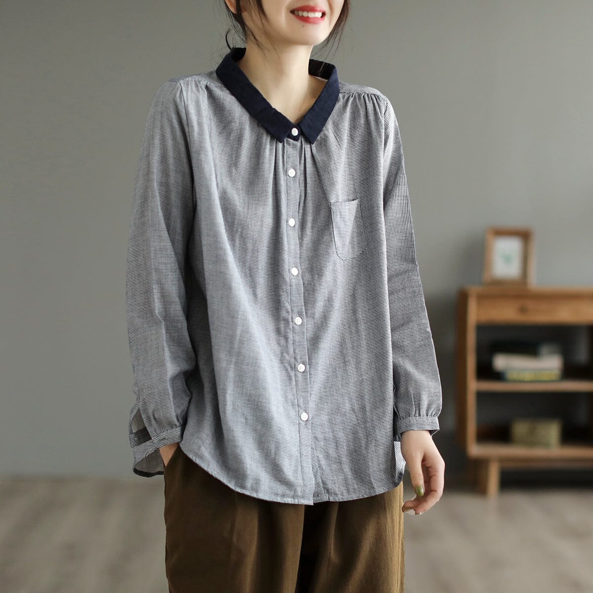 Spring Casual Plaid Double-Layer Cotton Blouse Feb 2023 New Arrival One Size 2 