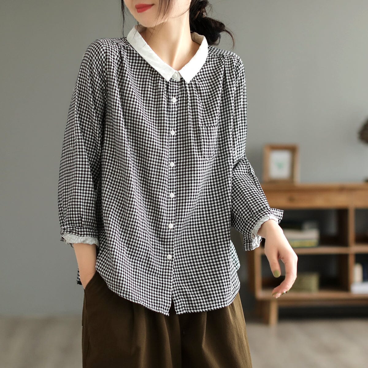 Spring Casual Plaid Double-Layer Cotton Blouse