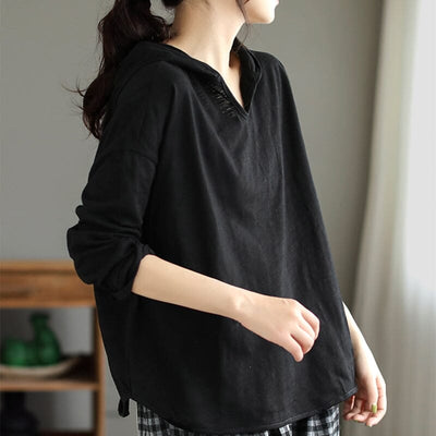 Spring Casual Solid Cotton V-Neck Hoodie