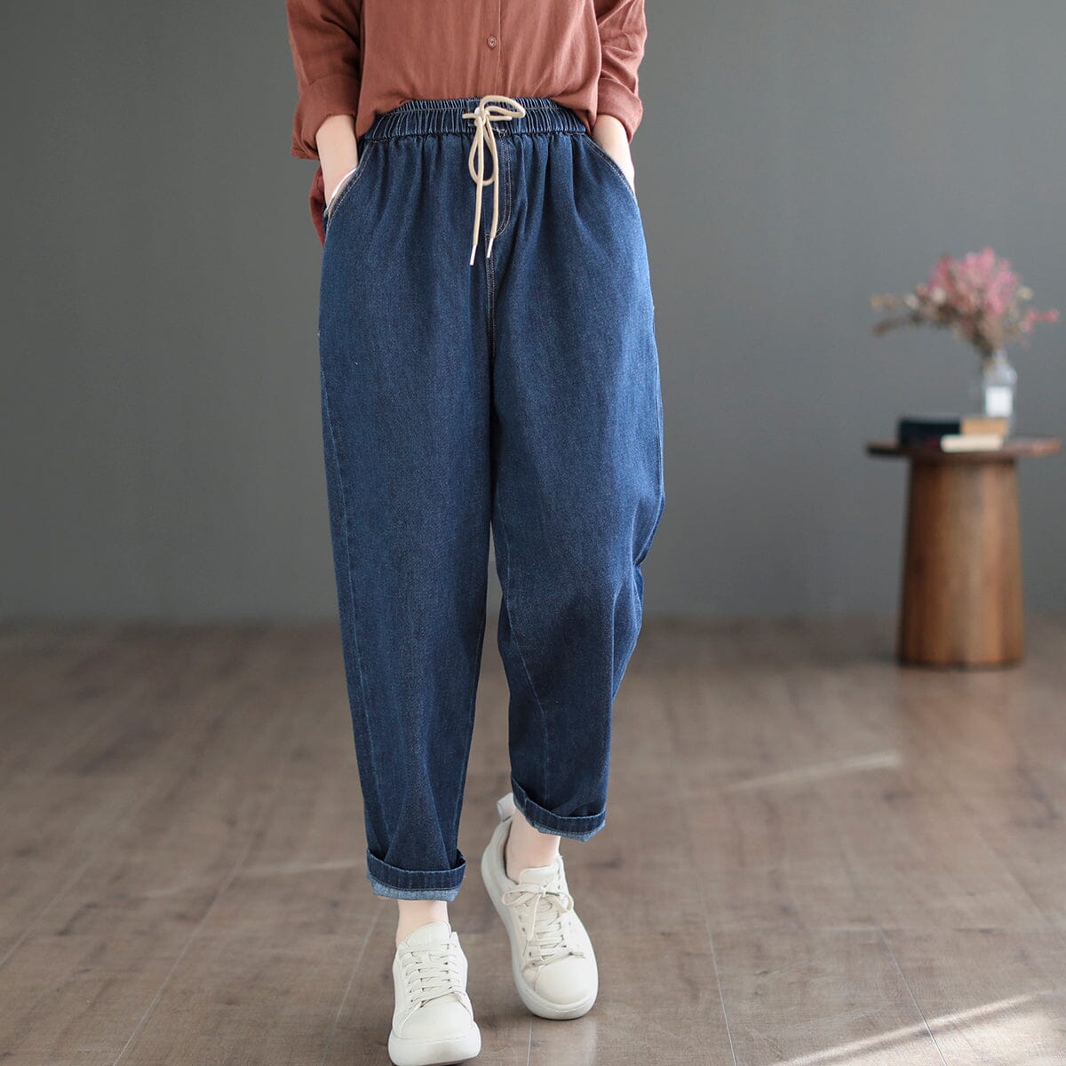 Spring Casual Solid Loose Harem Cotton Jeans Jan 2023 New Arrival 