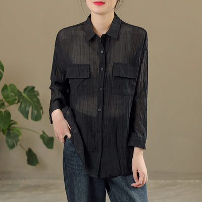 Spring Casual Solid Pleated Linen Blouse Jan 2023 New Arrival One Size Black 