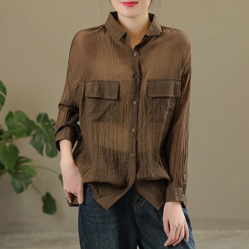 Spring Casual Solid Pleated Linen Blouse