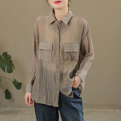 Spring Casual Solid Pleated Linen Blouse Jan 2023 New Arrival One Size Gray 