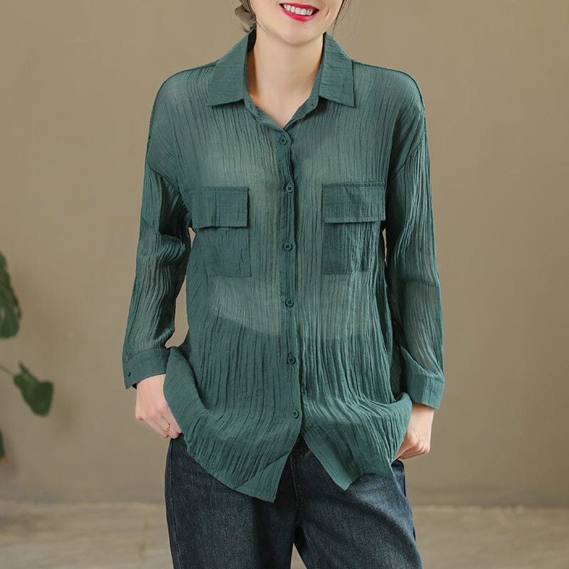 Spring Casual Solid Pleated Linen Blouse Jan 2023 New Arrival One Size Green 