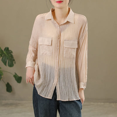 Spring Casual Solid Pleated Linen Blouse Jan 2023 New Arrival One Size Light Pink 