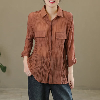 Spring Casual Solid Pleated Linen Blouse Jan 2023 New Arrival One Size Orange 