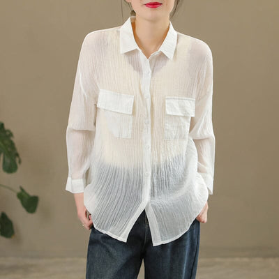 Spring Casual Solid Pleated Linen Blouse Jan 2023 New Arrival One Size White 