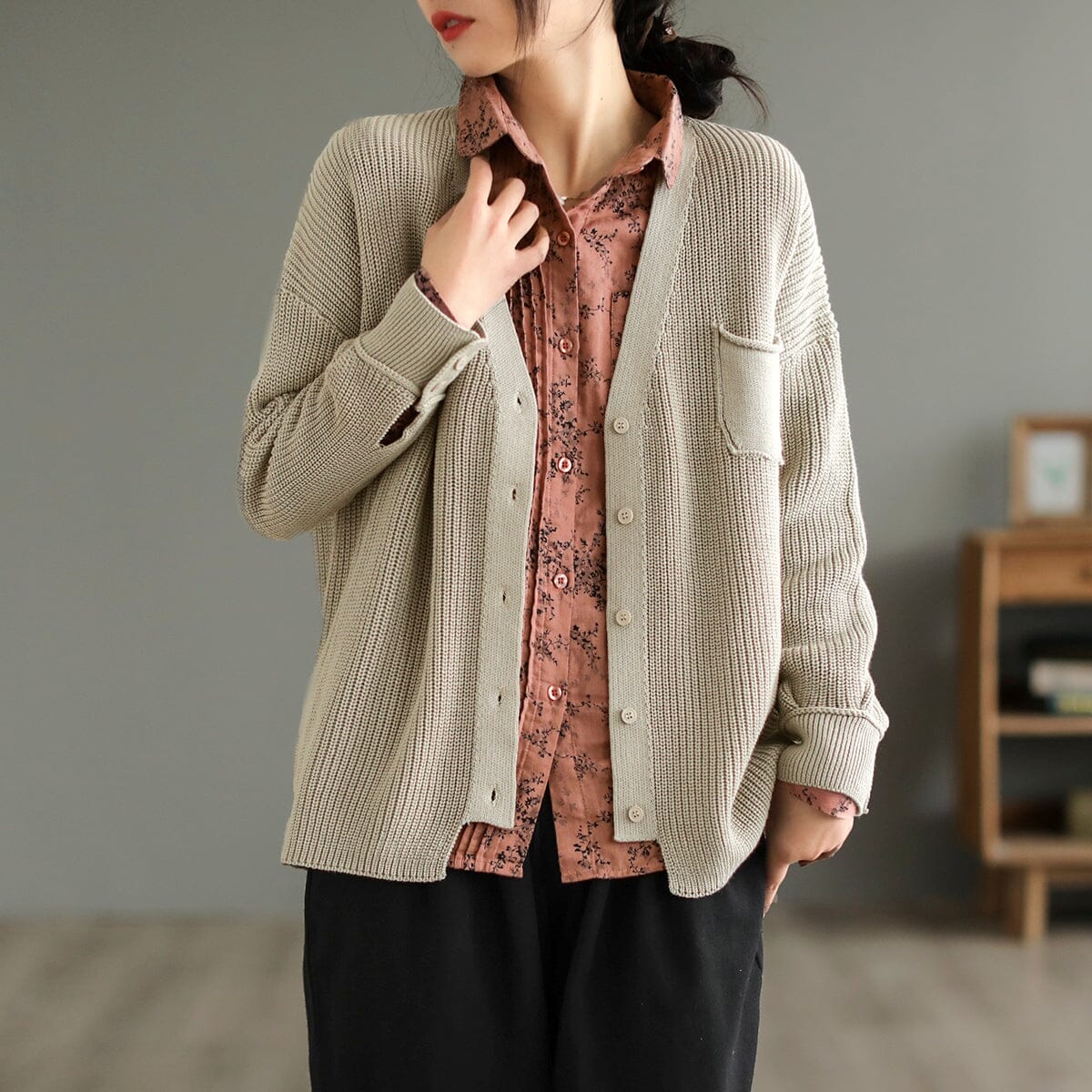 Spring Cotton Knitted Casual Solid V-Neck Cardigan Feb 2023 New Arrival One Size Beige 