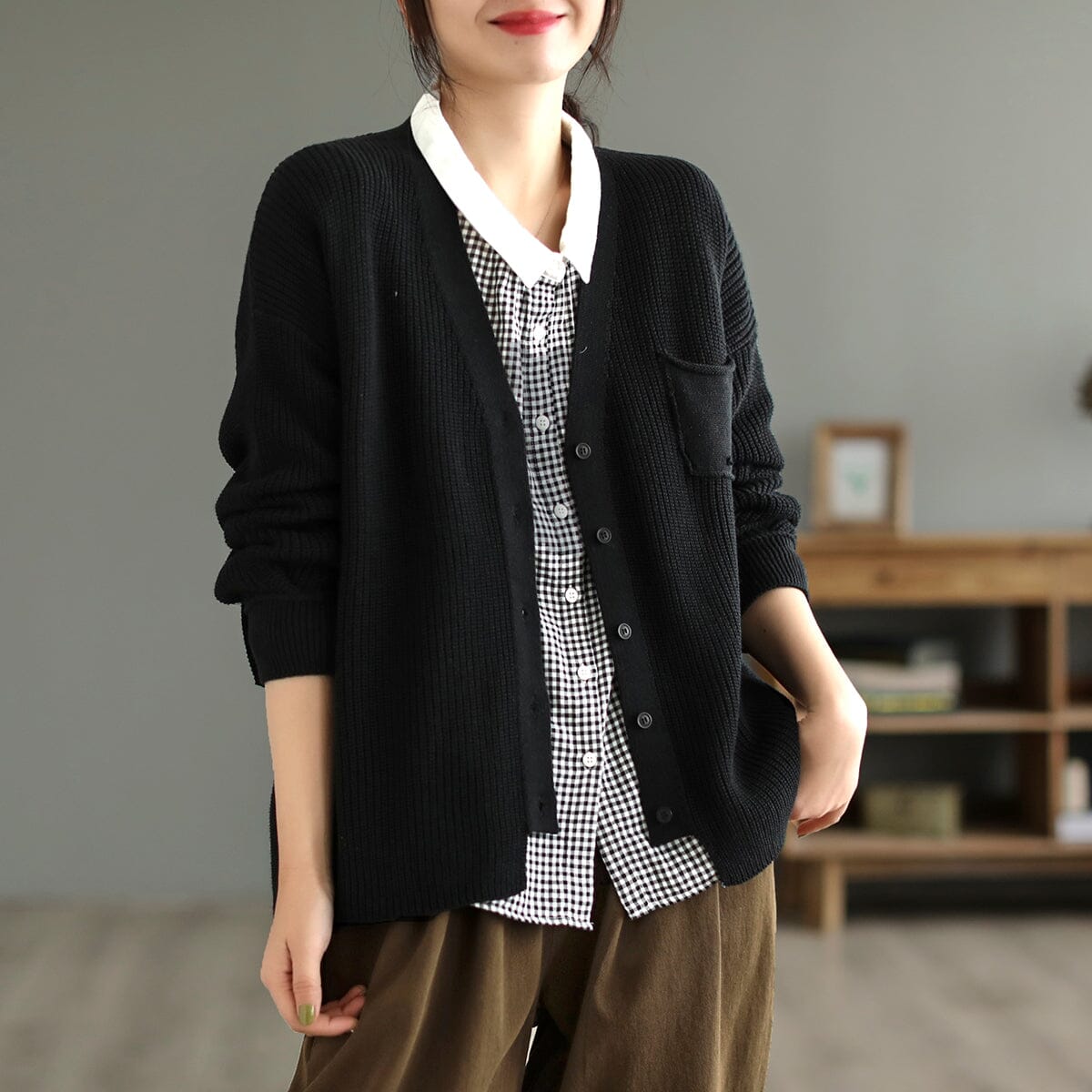 Spring Cotton Knitted Casual Solid V-Neck Cardigan Feb 2023 New Arrival One Size Black 