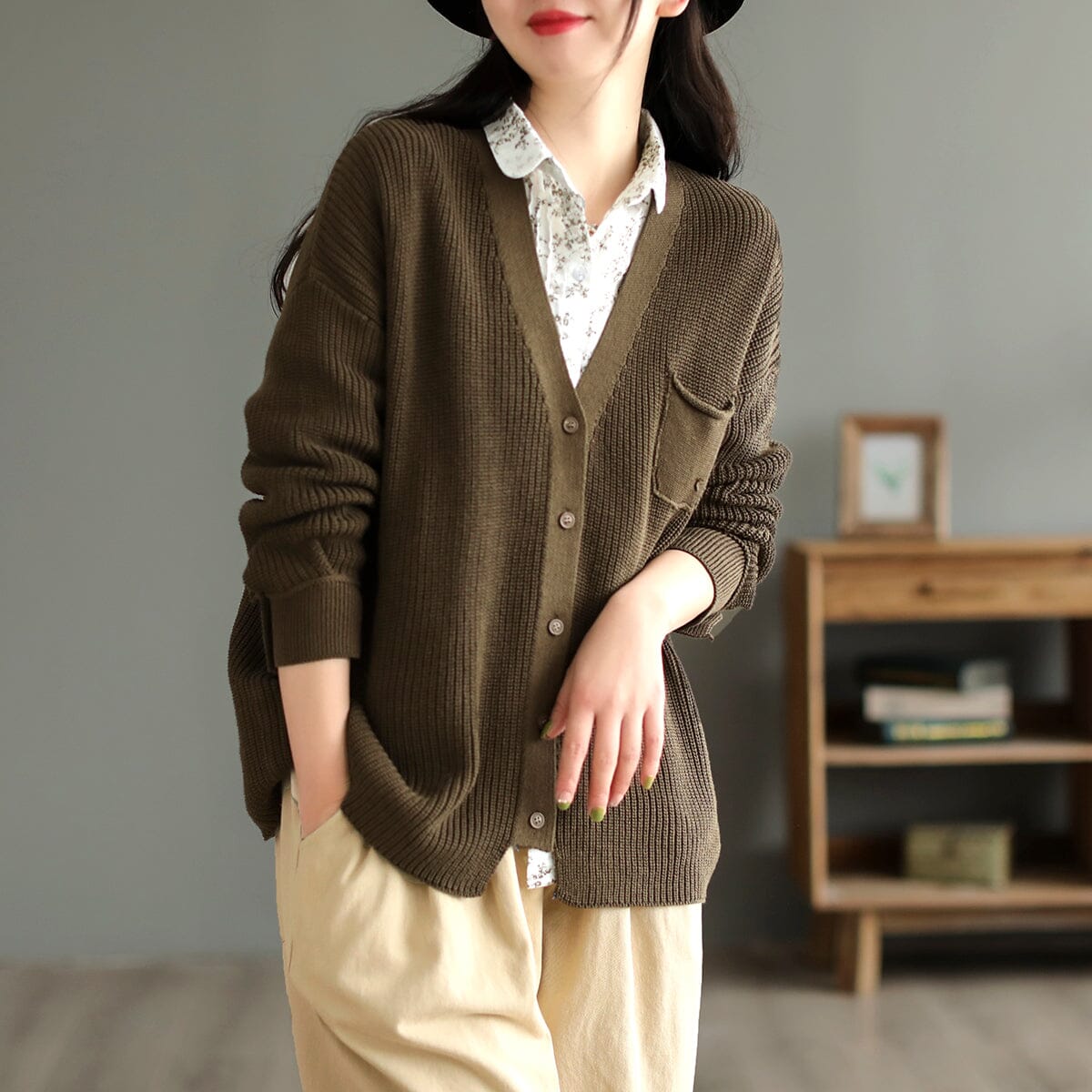 Spring Cotton Knitted Casual Solid V-Neck Cardigan Feb 2023 New Arrival One Size Coffee 