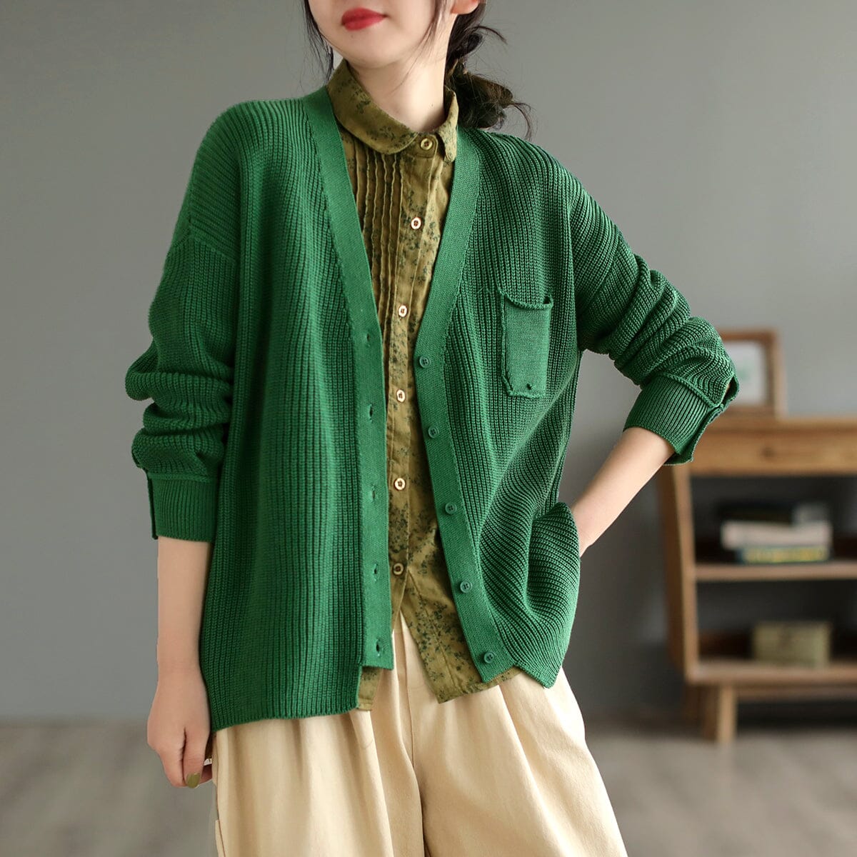 Spring Cotton Knitted Casual Solid V-Neck Cardigan Feb 2023 New Arrival One Size Green 