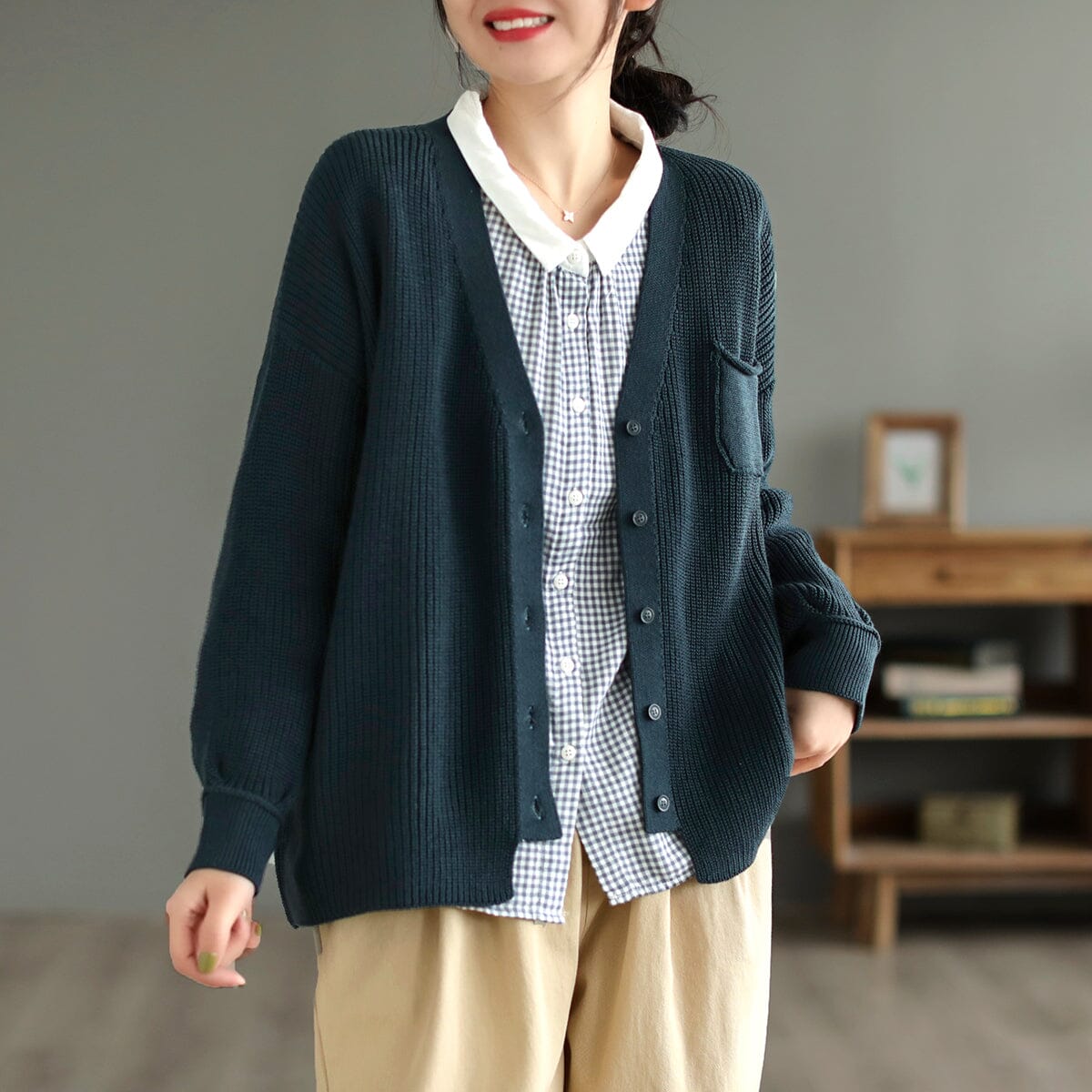Spring Cotton Knitted Casual Solid V-Neck Cardigan